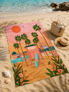 Pink Tropical Sunset Beach Towel – Digital Printed Summer Towel, Soft & Quick Dry Pool Towel, Aesthetic Coastal Beach Blanket