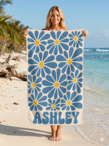 Custom Name Beach Towel with Retro Daisy Design – Personalized Summer Pool Towel