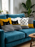 Black Cat Cushion Cover Set (4 Pieces) – 43x43 cm